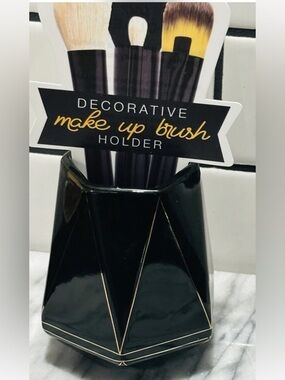 Geometric Glossy Black Ceramic Brush Holder with Gold Accents